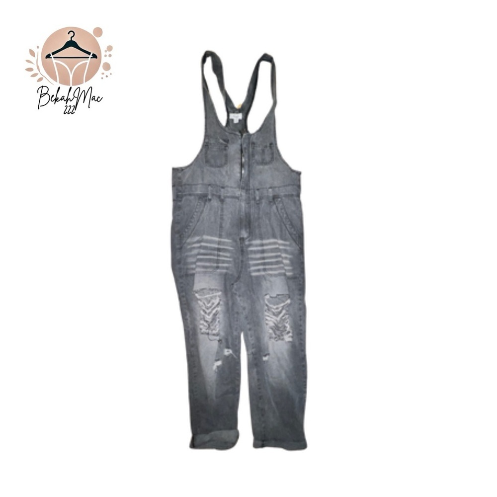 Easel Los Angeles Women’s Distressed Gray Denim Overalls Size Small Boho comfy